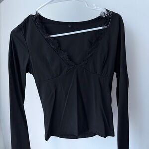 Revolve Black Lace-Trim Long Sleeve Top